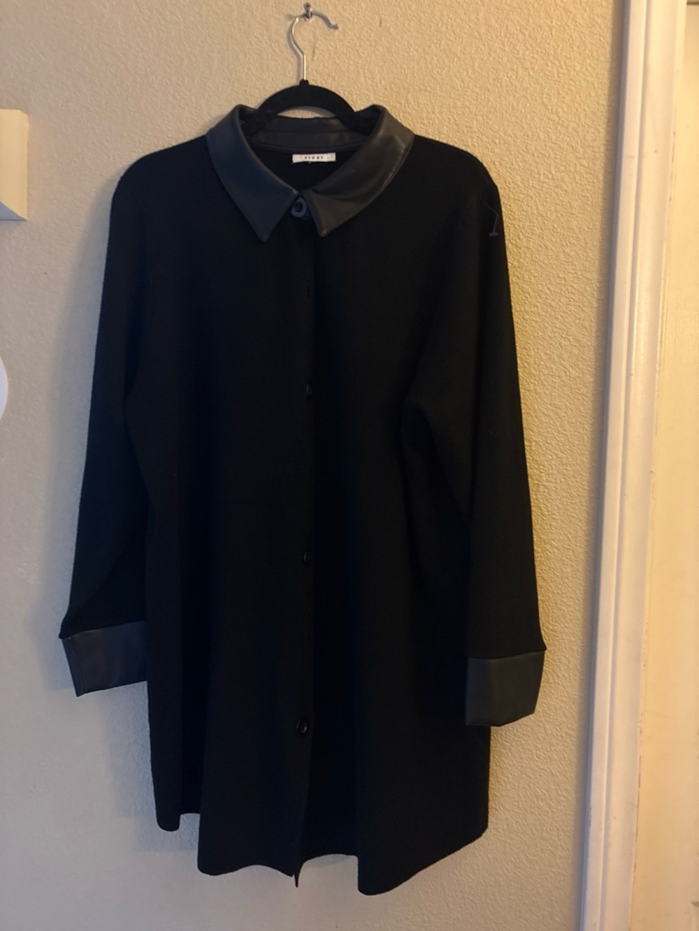 Sioni Black Trench Coat with Faux man made Leather Collar & Cuff Trim XL